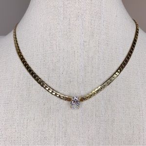 Vintage choker Flat Gold Collar Necklace With Oval Rhinestone Choker